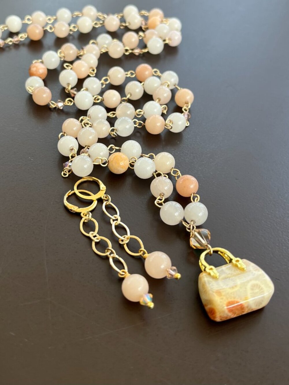 Necklace and Earrings Set | Blush Peach Aventurine | Fossil Coral Pendant